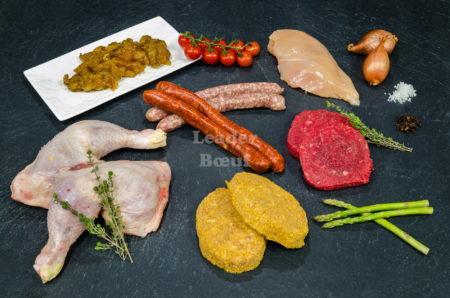 Assortiment "Junior" 30 personnes. Blanc de poulet, sicilienne de volaille, bifteck haché, escalope de veau, cordon bleu, merguez ou chipolatas