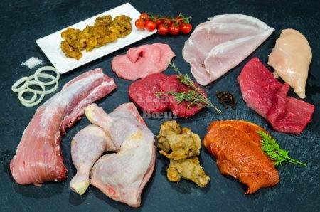 Assortiment "Pour deux" 18 repas. Sicilienne de volaille, chicken wings, cuisses et blancs de poulet, filet mignon, côtes de porc marinées, biftecks poire et hachés, jambon blanc