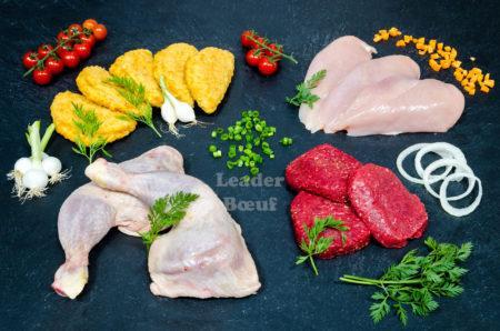 Assortiment boucherie "Pour enfant". Cordon bleu, poulet, chipolatas, bifteck haché