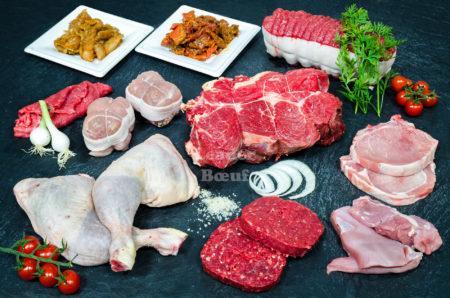 Assortiment "Familial" 35 repas. Filets et cuisses de poulet, bifteck haché, bourguignon, côtes et rôti de porc, farce à tomate