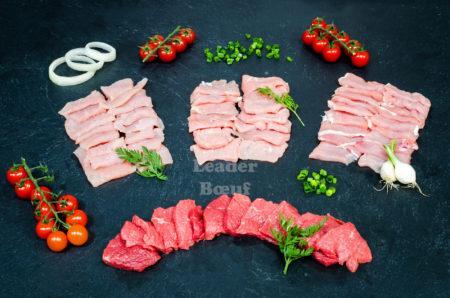 Assortiment boucherie "Pierrade". Bœuf, dinde, veau, porc